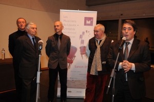 Michel Destot entouré de Pascal Lamy, Jean-Louis Schwartzbrod et Marc Minkowsky lors de la cérémonie à la MC²