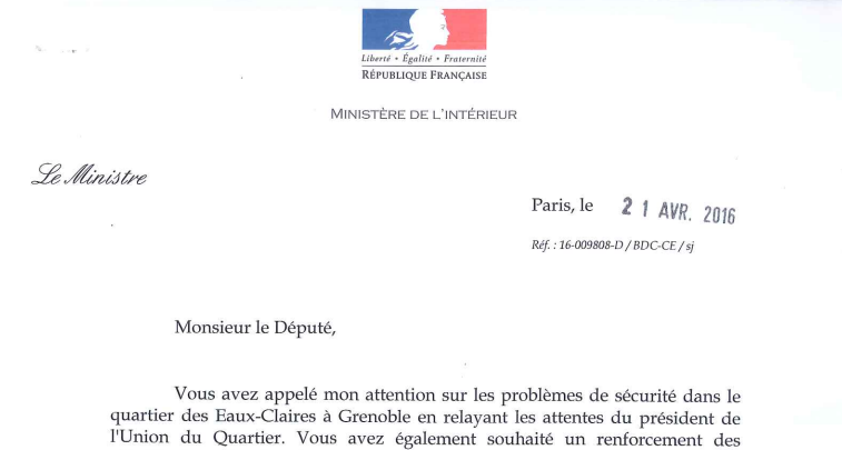 Lettre du Ministre de l’Intérieur concernant la sécurité des habitants de Grenoble